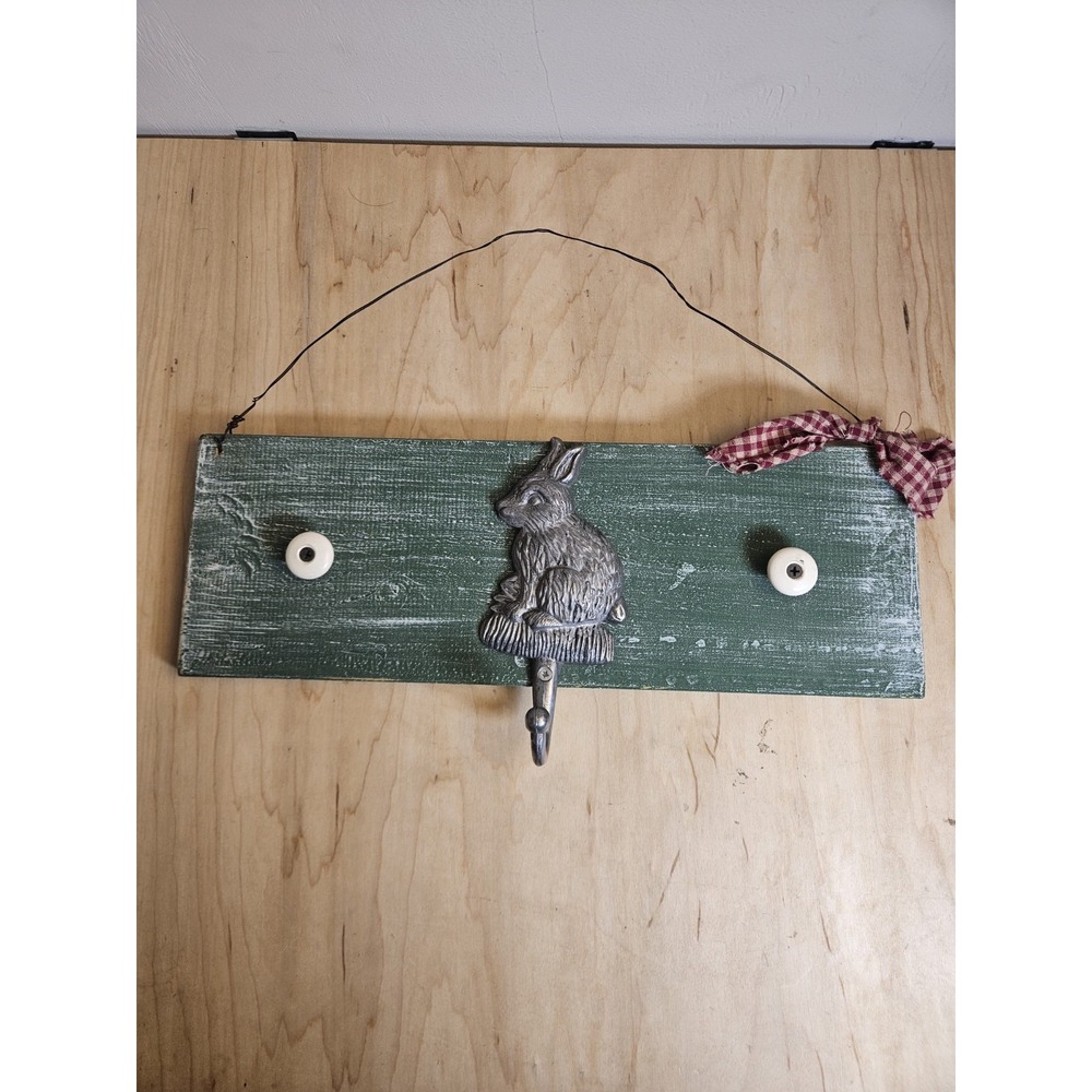 Rustic Easter Bunny Wall Hook Rack Green Wood Ceramic Knobs Farmhouse Decor